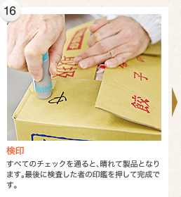 検印（すべてのチェックを通ると、晴れて製品となります。最後に検査した者の印鑑を押して完成です。）